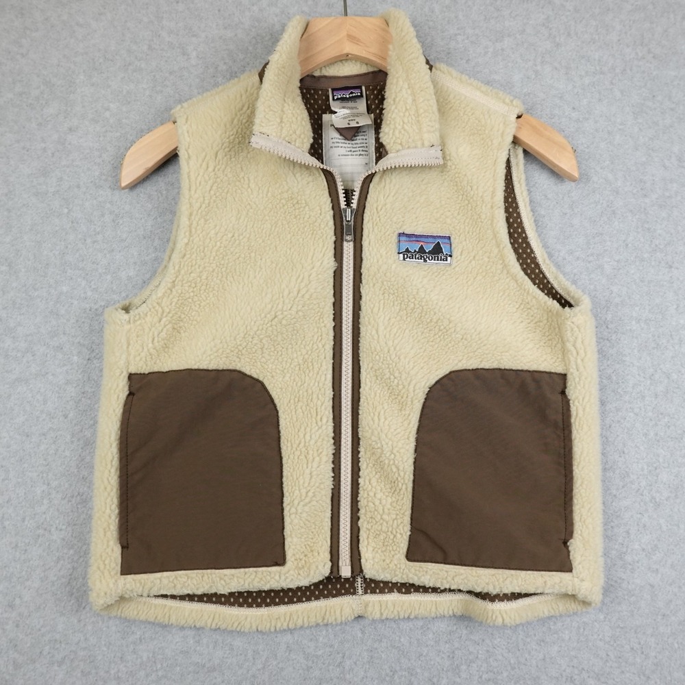 Vintage Patagonia Sherpa Vest Kids Small 8 Tan Beige Brown Cute Warm Outdoor